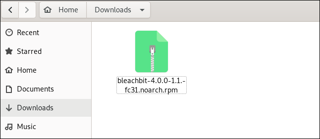 The BleachBit installation file in the "Downloads" folder.