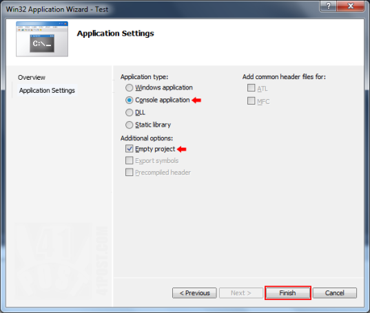 Visual C++ Express: Win32 Application Wizard, second dialog