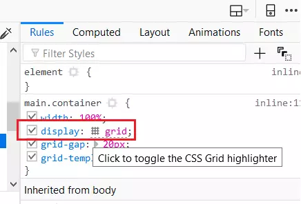 The grid property seen through Firefox's developer console