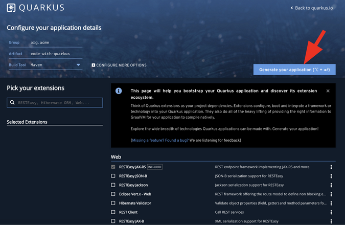 Quarkus Generate application button