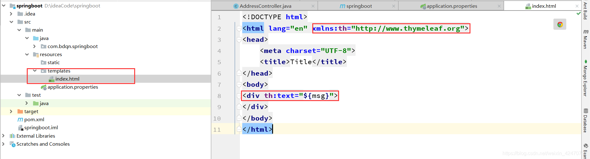 记住要引用xmlns:th="http://www.thymeleaf.org 不然的话会没提示的~~