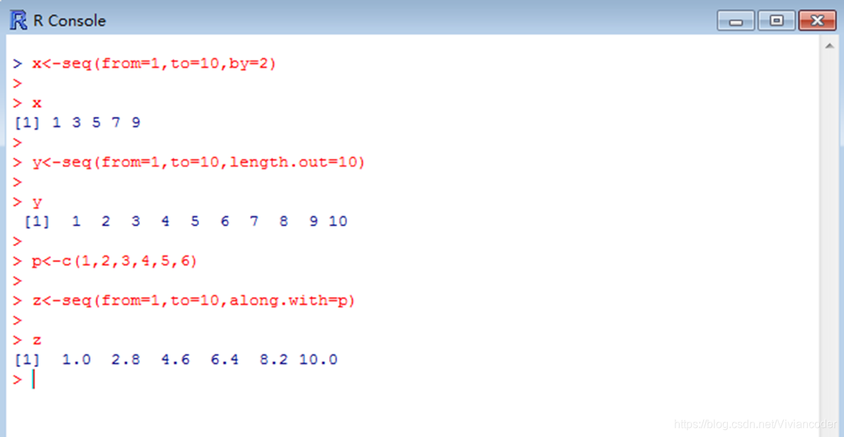 x<-seq(from=1,to=15,by=2)x<-seq(from=1,to=15,length.out=10)x<-