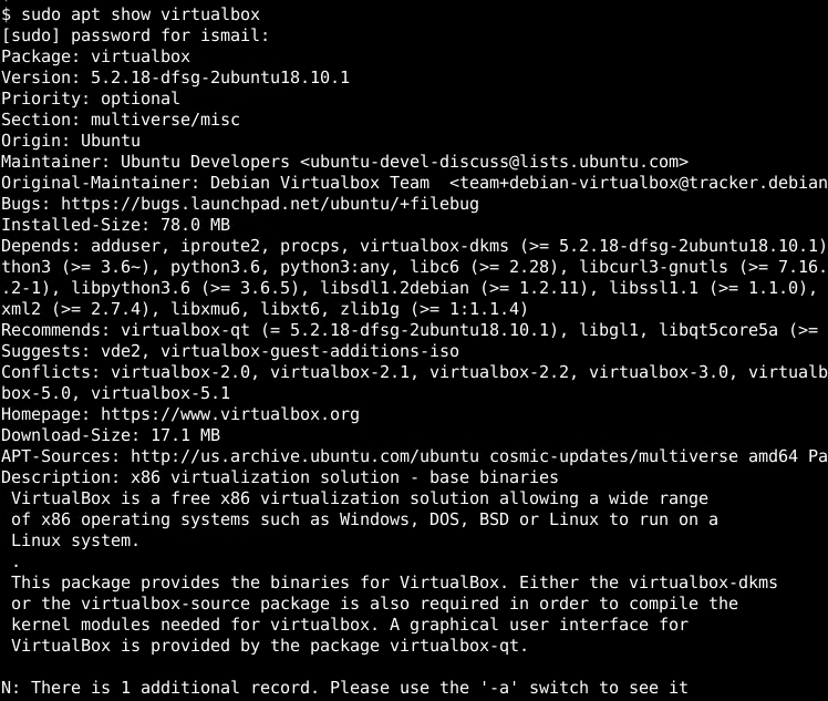 Show VirtualBox Package Information