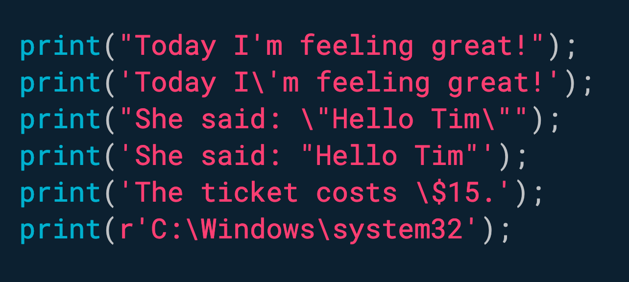 字符串文字可以使用单引号或双引号作为分隔符。 使用反斜杠 () 转义特殊字符,或使用原始字符串。
