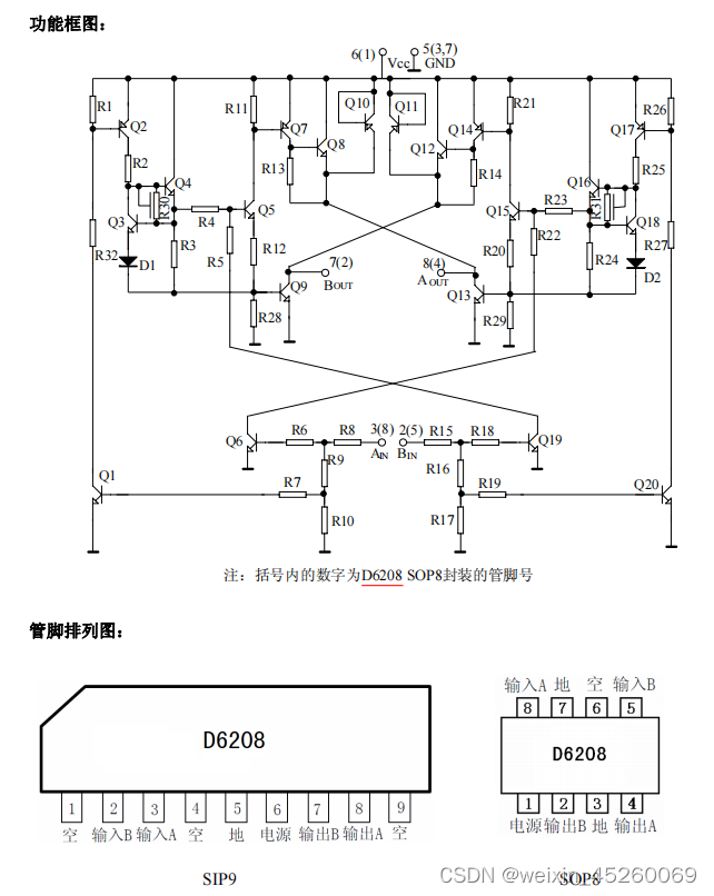 单片双向马达驱动电路d6208,采用sip9和sop8封装,宽工作电源电压4.