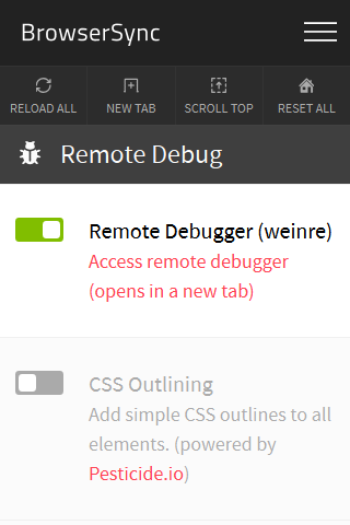 weinre in browsersync UI