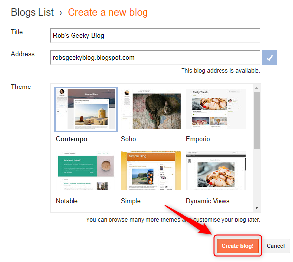 The "Create blog!" button.