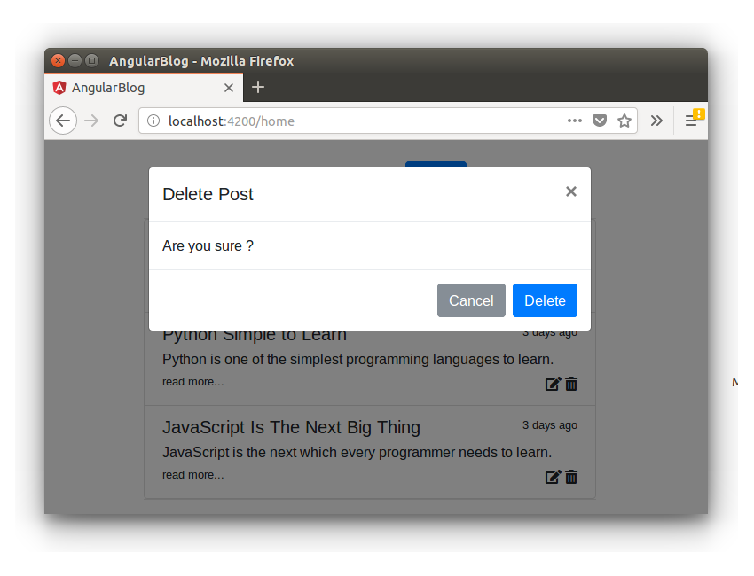 Angular Blog App-删除确认弹出窗口