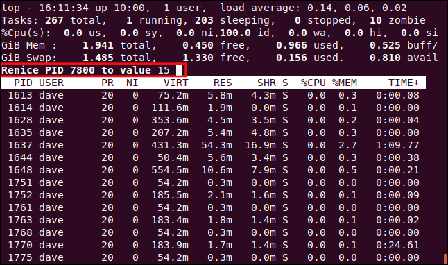 top setting a process to a nice value of 15, in a terminal window.