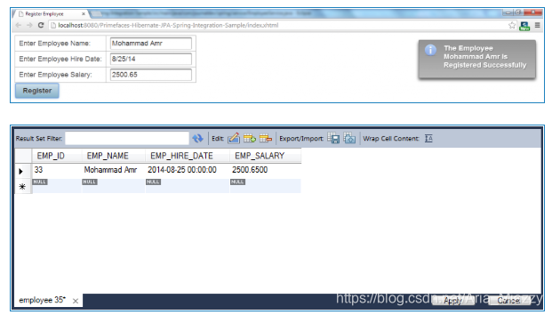 Primefaces Spring JPA EclipseLink Employee Persisted