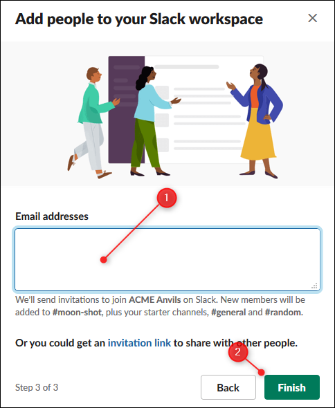 The option to enter email addresses of people to invite, and the Finish button.