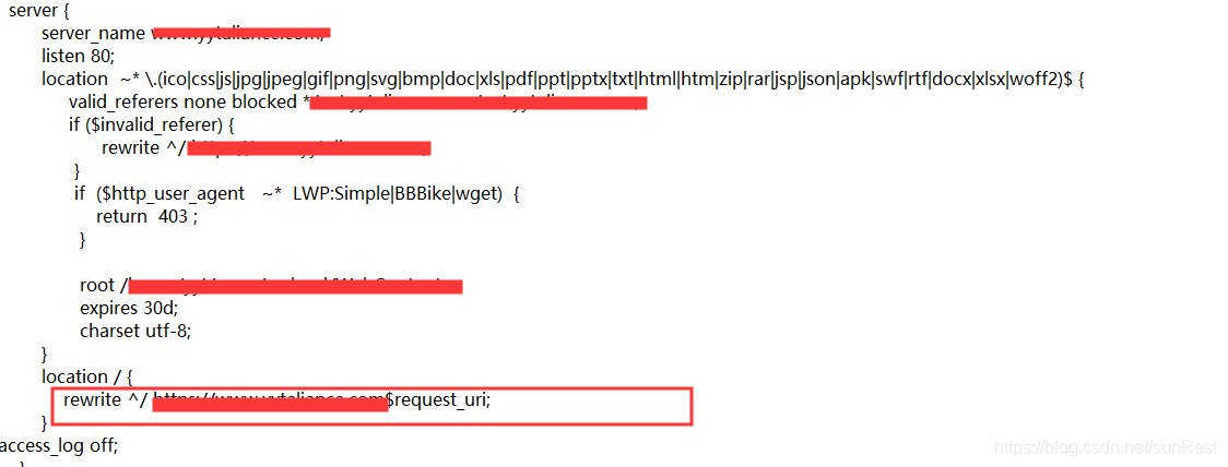 第一步对所有监听的server_name进行重定向,重定向的url为https://+域名