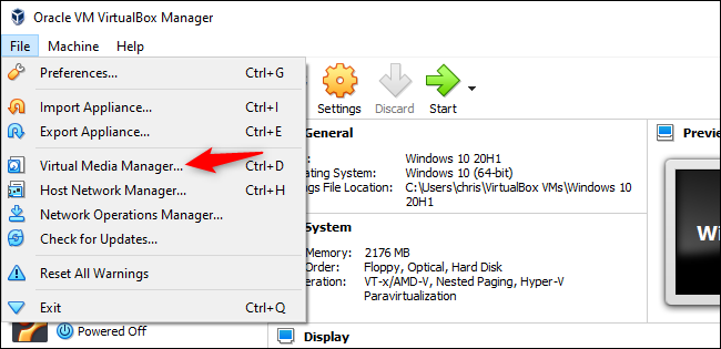 Launching the virtual media manager in VirtualBox