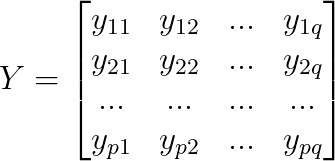 Y=\begin{bmatrix} y_{11} &y_{12} &... &y_{1q} \\ y_{21} &y_{22} &... &y_{2q} \\ ... &... &... &... \\ y_{p1} &y_{p2} &... &y_{pq} \end{bmatrix}