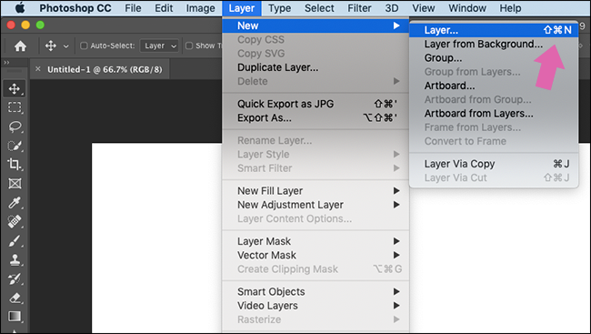 The "Layer" menu options and their shortcuts.