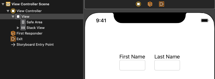 A screenshot of a storyboard ViewController showing multiple labels and text fields nested in a StackView.