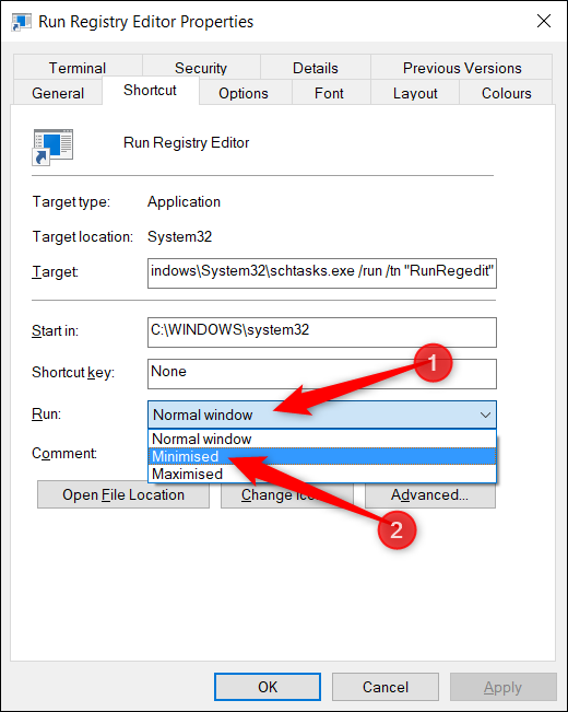 Change the value next to "Run" to "Minimized" so that Command Prompt doesn't flash on the screen when run.