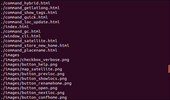 output from find command in a terminal window