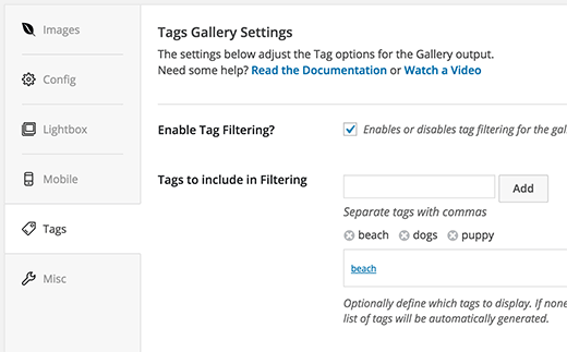 Enabling tag filtering for a gallery created with Envira Gallery