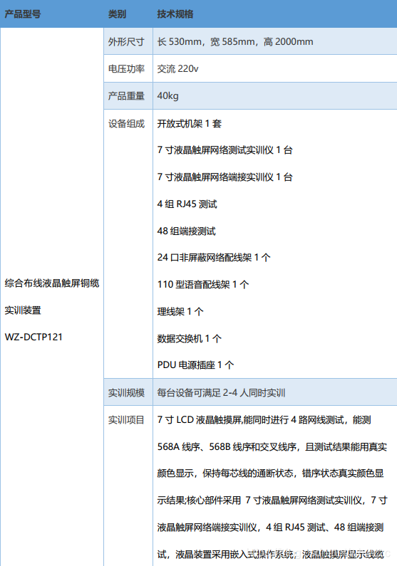 综合布线液晶触屏铜缆实训装置产品型号及技术参数