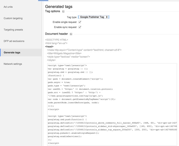 Google DFP Generate Tags Head Script