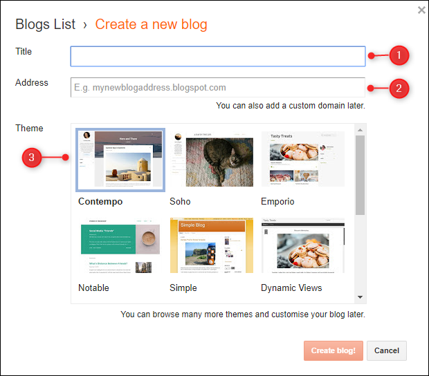 The "Create a new blog" panel with Title, Address, and Them fields highlighted.