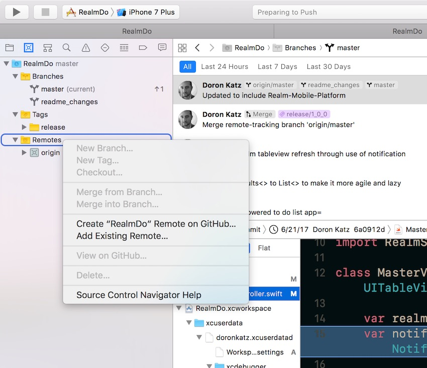 Setting a remote master in Xcode 9