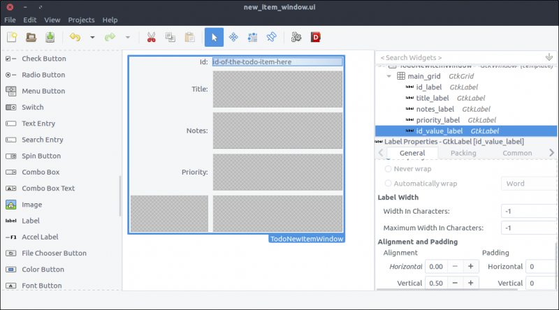 GTK+ ToDo new item with grid and labels