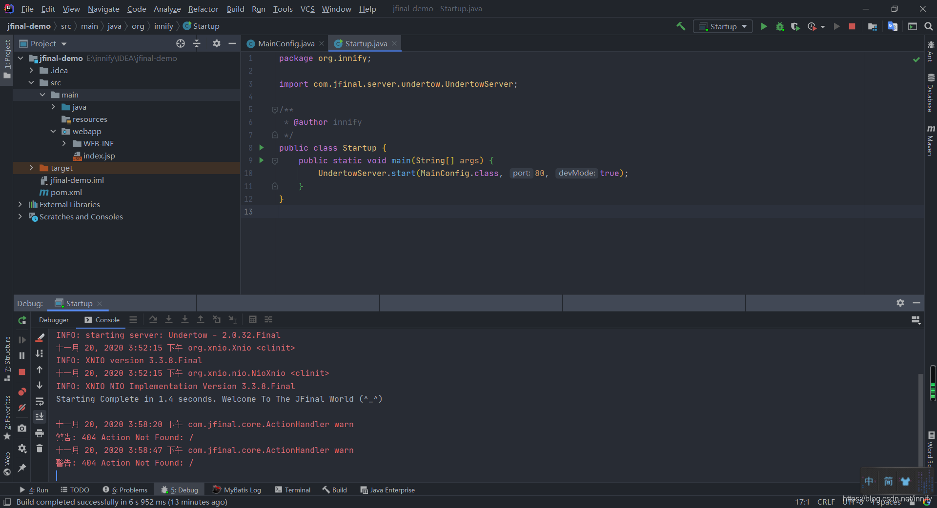 执行Startup中的main方法启动JFinal项目