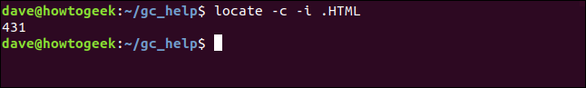 locate -c -i .HTML in a terminal window