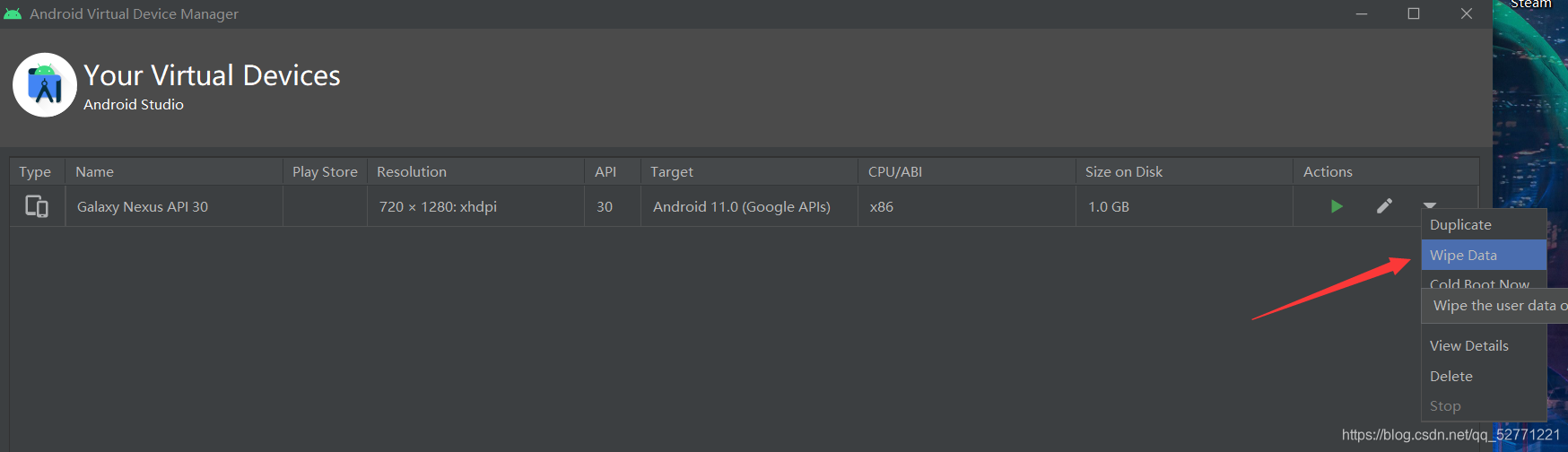 选择你使用的模拟机，在右边小三角里下拉列表中找到Wipe Date清除缓存就好了