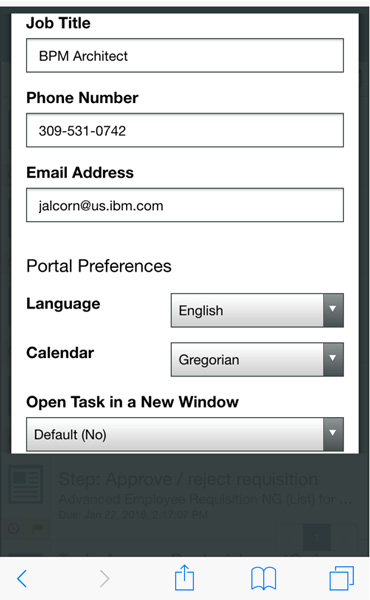 移动设备上的IBM BPM Process Portal中用户设置的屏幕截图