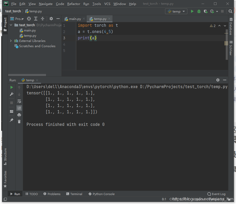 新建project，设置pytorch环境后，导入torch成功