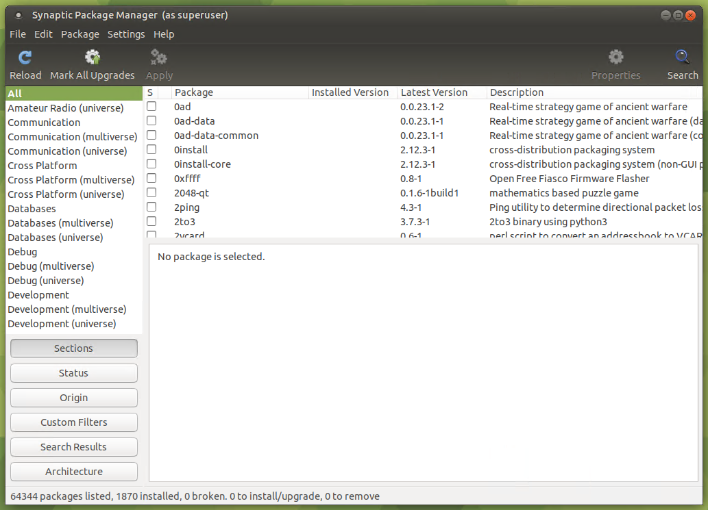 Ubuntu Mate Synaptic Package Manager Main Window