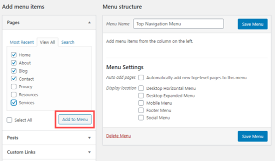 Adding items to the navigation menu