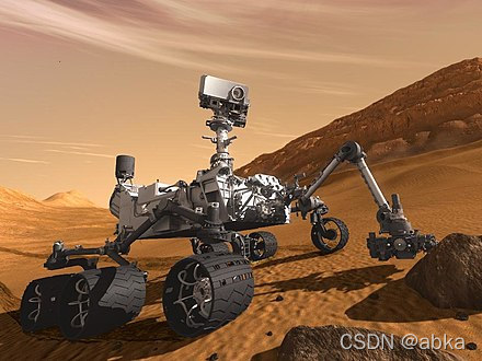 Artist's concept of Curiosity, an example of an uncrewed land-based vehicle. Notice the stereo camera mounted on top of the rover.