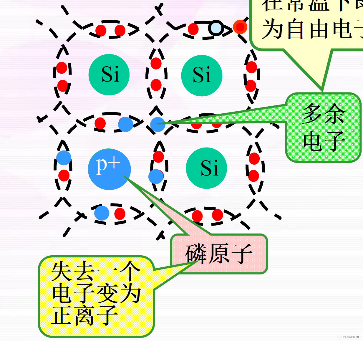 n型半导体(电子半导体):掺入五价元素(磷原子),掺杂后自由电子数目