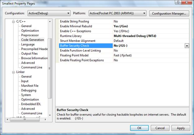 Picture 10. Buffer security check settings for Pocket PC 2003.