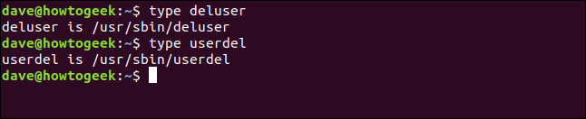 type deluser in a terminal window