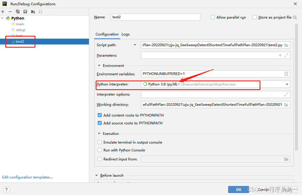pycharm报错：Error running ‘test2‘: Cannot run program “\usr\bin\python3.8 ...