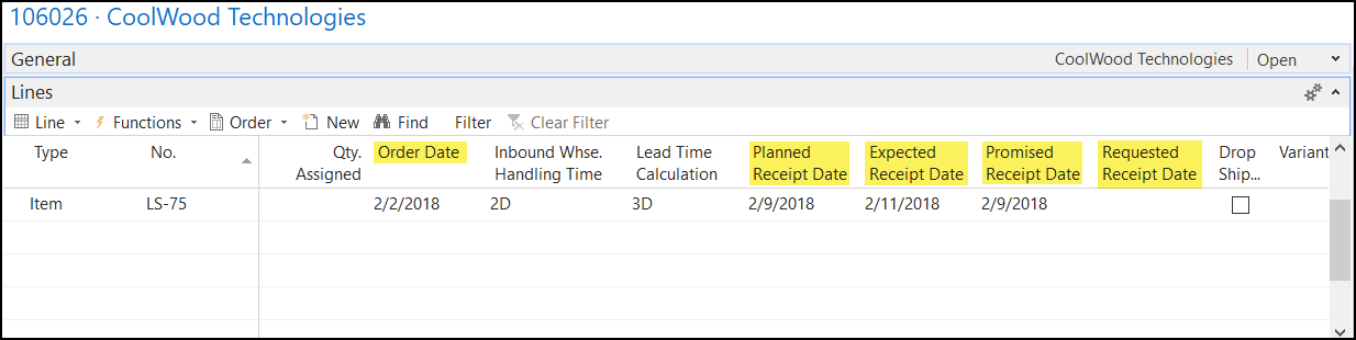 Figure 4 – Purchase Order dates in Microsoft Dynamics NAV 2017