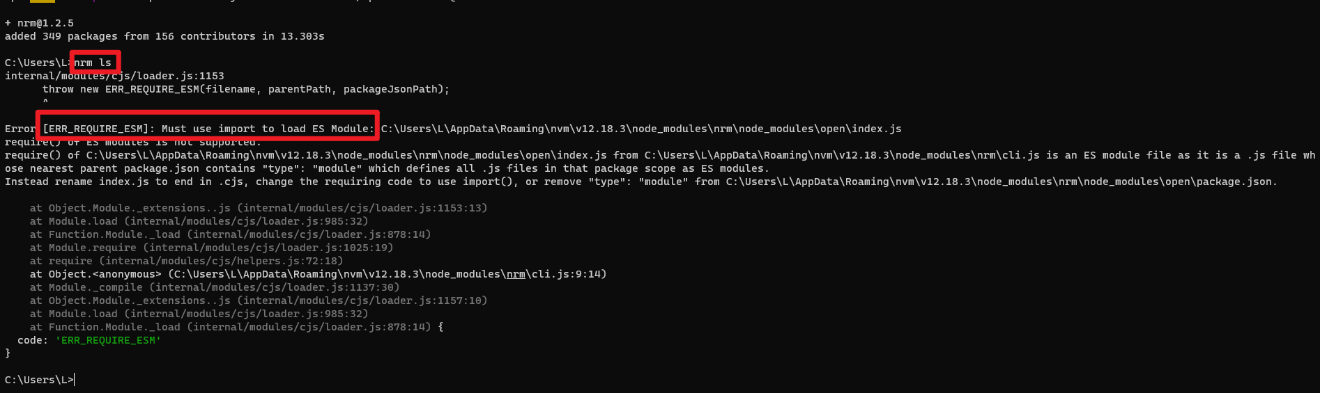 CLI中nrm ls命令报错的两种情况（SyntaxError、Error [ERR_REQUIRE_ESM]）-CSDN博客