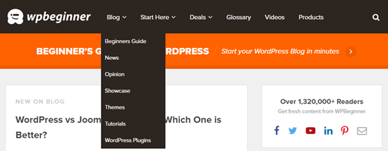 The WPBeginner menu showing the categories drop-down