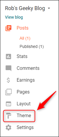 The Blogger options with Theme highlighted.