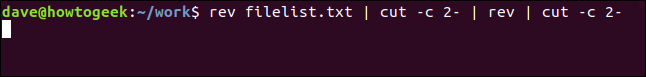 "rev filelist.txt | cut -c 2- | rev | cut -c 2-" in a terminal window.