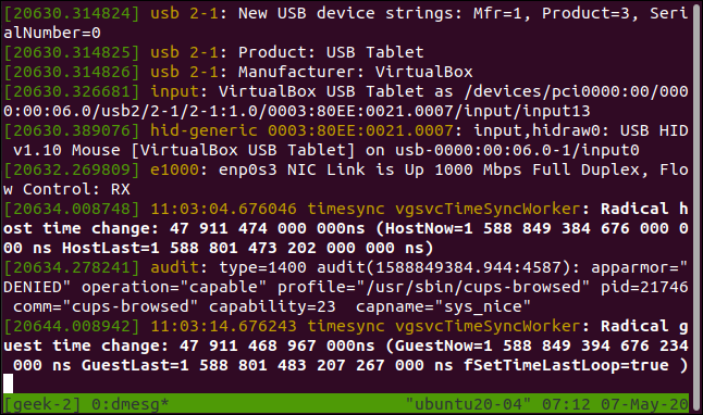 tmux session geek-2 running dmesg in a terminal window.