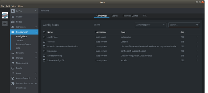 Lens ConfigMaps菜单 Lens ConfigMaps menu