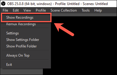 Press File > Show Recordings to view recorded files in OBS