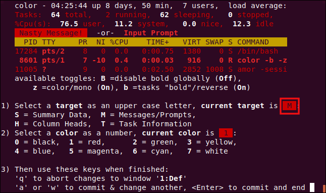 top color setting page with option M selected, in a terminal window.