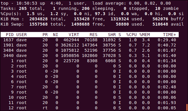 the default top display in a terminal window.